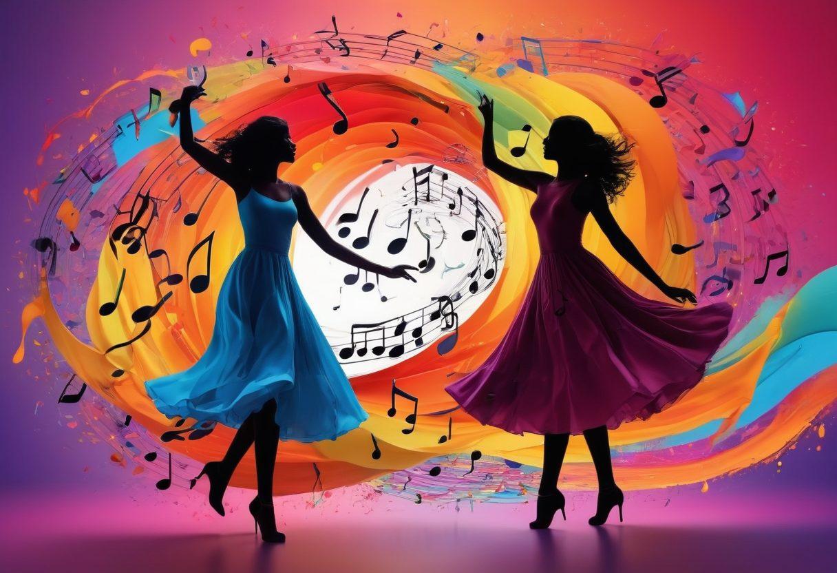 A colorful collage of musical notes and lyrics swirling around a joyful silhouette dancing in the midst of vibrant flowing colors. Each note is paired with small illustrations of emotions like joy, love, and hope. The background should be bright and uplifting, symbolizing positivity and connection through music. super-realistic. vibrant colors. 3D.