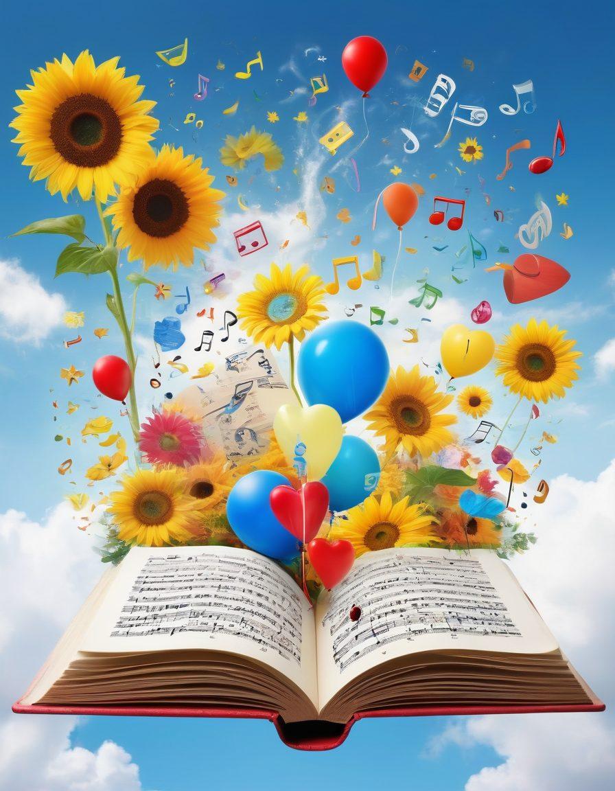 A vibrant, colorful collage of musical notes and lyrics flowing from an open book, surrounded by cheerful icons like sunflowers, smiley faces, and balloons. The background features a bright blue sky with fluffy white clouds and notes dancing in the air. A subtle glow emanates from the lyrics as if they are radiating happiness. super-realistic. vibrant colors. white background.