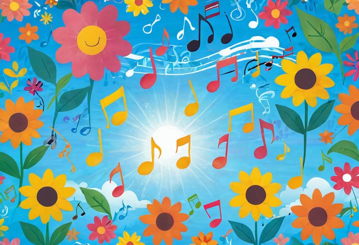 A vibrant collage of musical notes intertwined with colorful flowers and sunshine, symbolizing joy and uplifting emotions. Include playful characters singing and dancing, radiating happiness with their expressions. A bright, cheerful color palette with shades of yellow, orange, and pink enhances the scene. The background features a gentle blue sky with fluffy white clouds, creating an optimistic atmosphere. cartoon style. vibrant colors. dynamic composition.